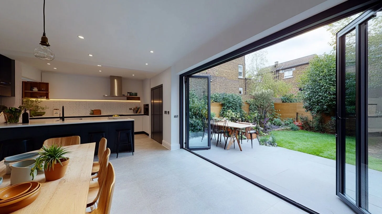 Light-filled extension interior with large windows