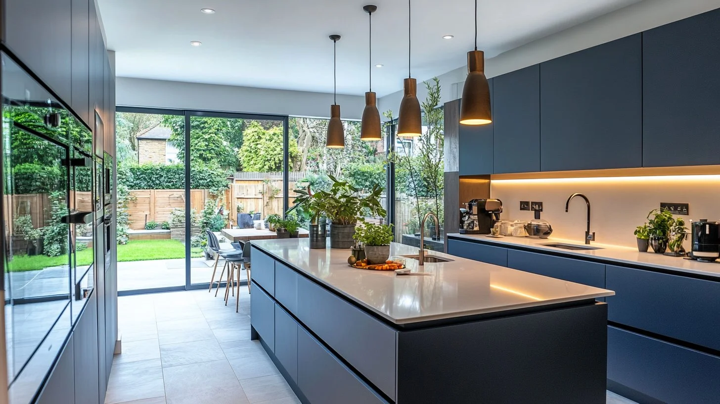 Navy handleless kitchen with quartz worktop