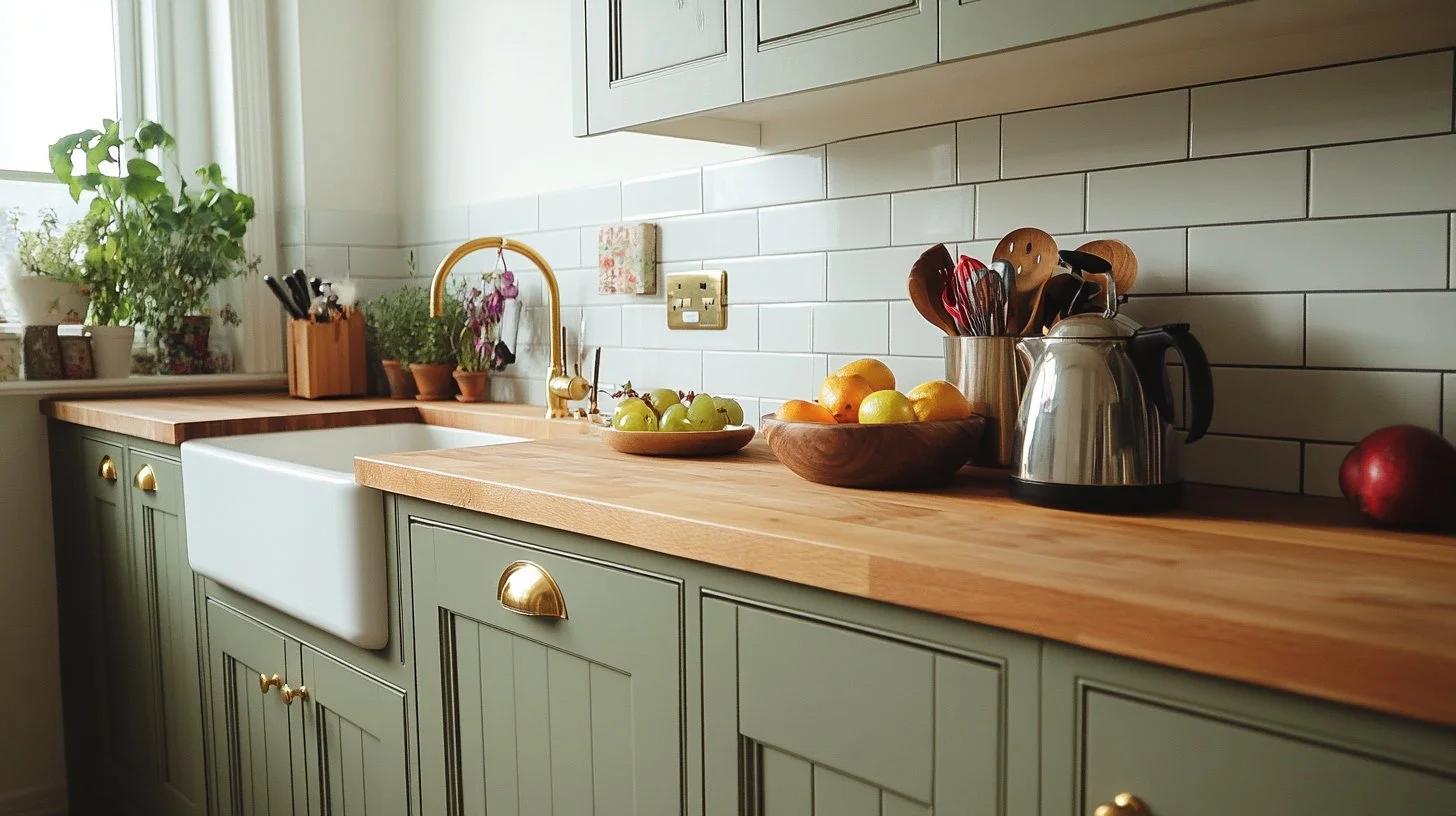 Sage green kitchen with brass hardware