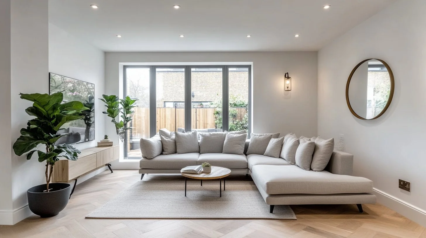 Refurbished living room with herringbone floor and new plastering